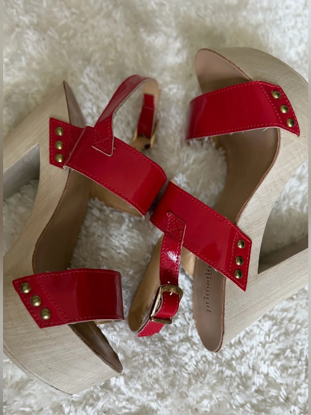 Vera Pelle Red Patent Platform Sandals with Wood-Effect Heel